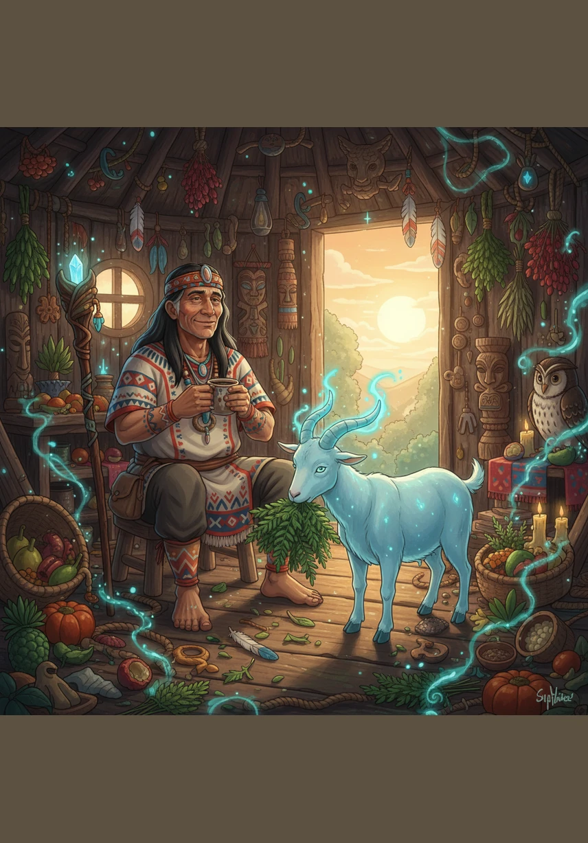 As the sun begins to rise, the magical chaos fades, leaving Pedrolito sitting in a very messy hut. He calmly sips a regular cup of coffee while the spectral goat peacefully munches on some nearby ferns, waiting for the next ritual.