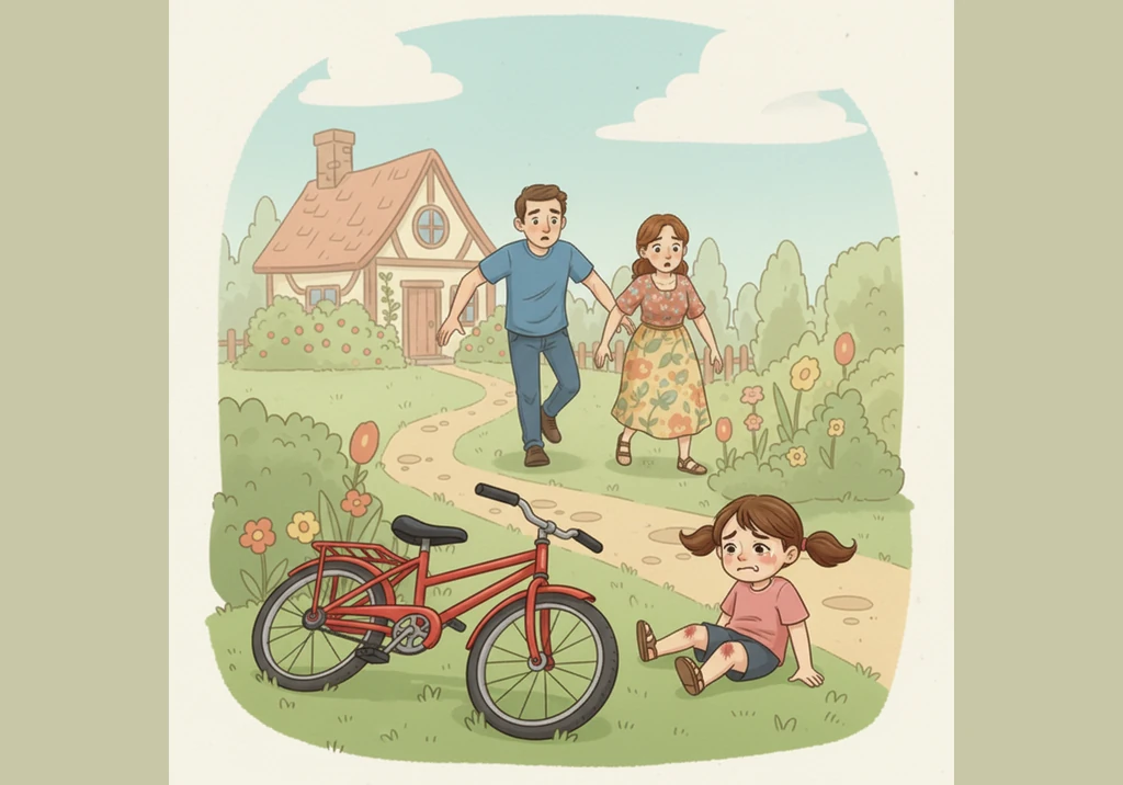 Suddenly, the bike wobbled and Lily lost her balance, tumbling onto the grass with a thud. Her knee was scraped and her pride was hurt, making the bri