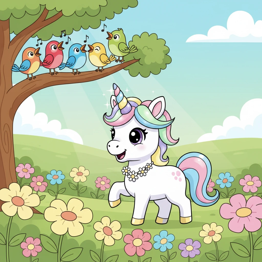 Starlight, a magnificent unicorn with a shimmering mane, pranced through a sun-drenched park filled with blooming flowers. His horn sparkled as he paused to greet a flock of the most colorful, singing birds perched on a nearby branch. The air buzzed with joy and the sweet scent of blossoms.