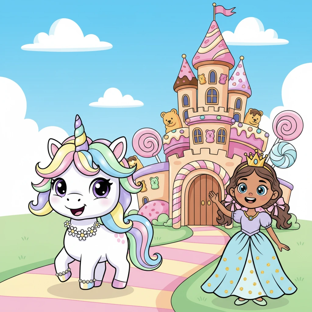 Following a winding path, Starlight soon arrived at a majestic, candy-colored castle with towering turrets. At its grand entrance stood Princess Lily, a kind-hearted girl with a radiant smile and a flowing gown. She waved a friendly greeting to the sparkling unicorn.