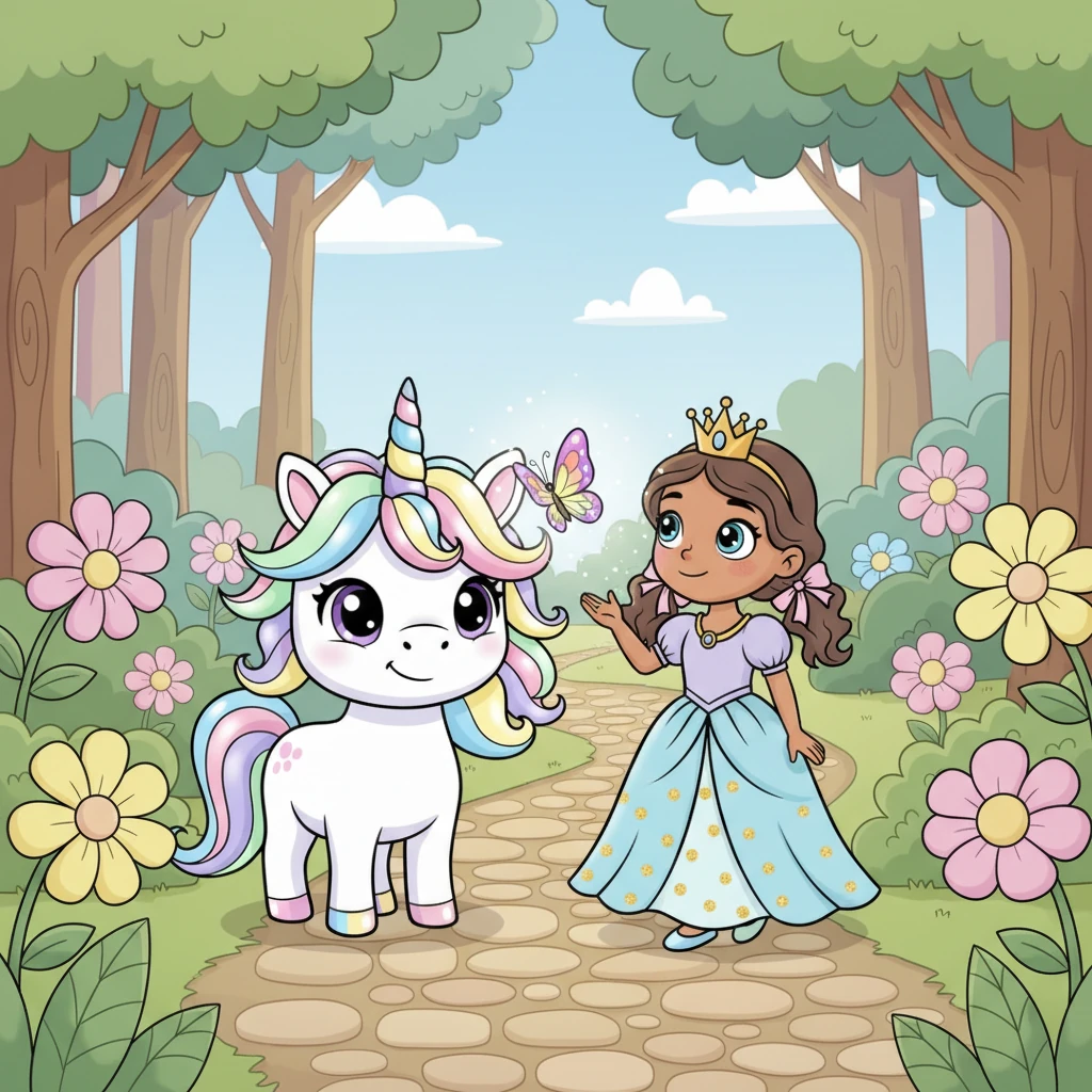 Starlight and Princess Lily began a delightful stroll together, their hooves and footsteps light upon the path. Suddenly, the princess stopped, her eyes wide with wonder, as a magnificent, glowing butterfly fluttered past. Its wings shimmered with every color of the rainbow.