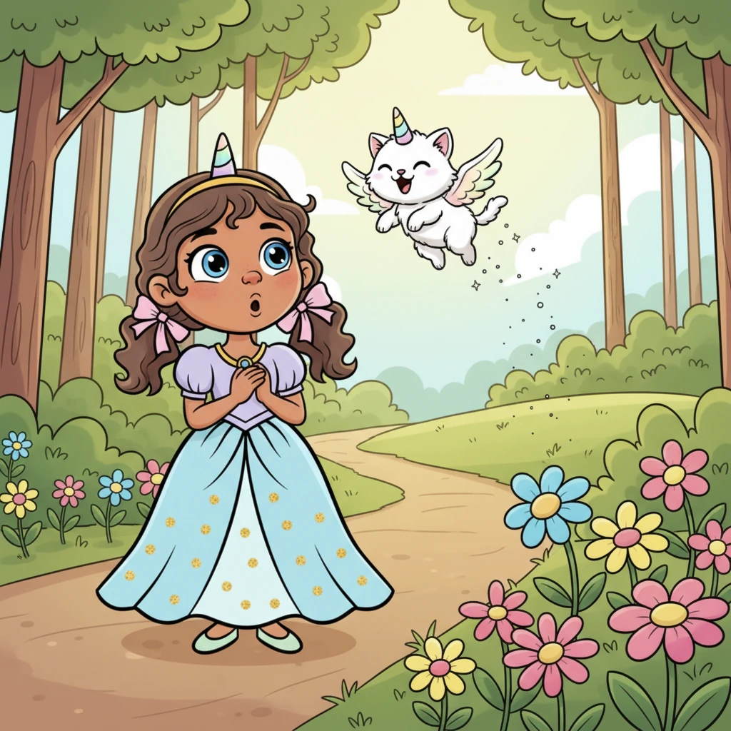 Choosing a different, less-traveled path, their adventure continued into a whimsical forest. To their utter surprise, they spotted a tiny, fluffy kitten with delicate wings, playfully soaring above the wildflowers. The flying kitten chirped a happy meow as it zipped by.
