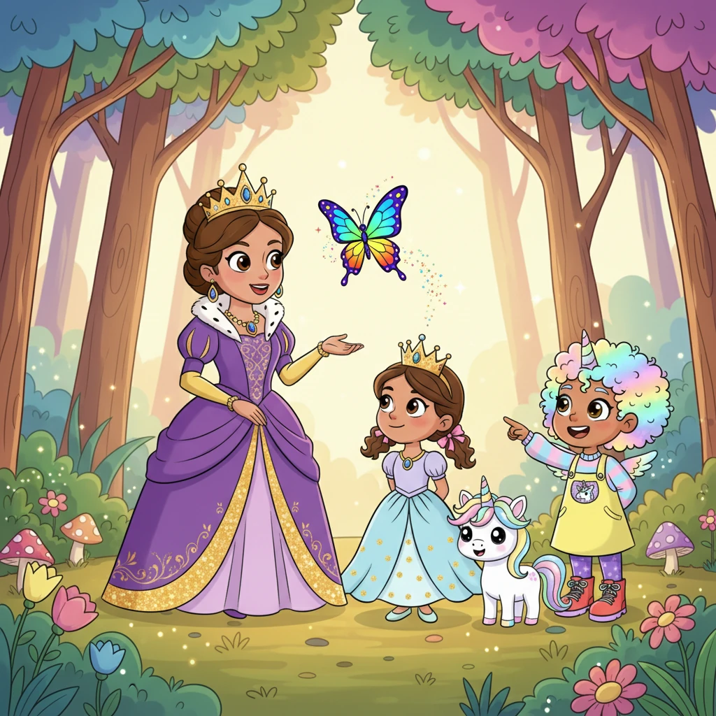 Deeper into the enchanted woods, they encountered another dazzling butterfly, even more vibrant than the last. Nearby, a regal Queen, adorned in jewels, conversed gracefully with her own daughter, a charming princess wearing a sparkling crown. It was a royal gathering in the heart of nature.