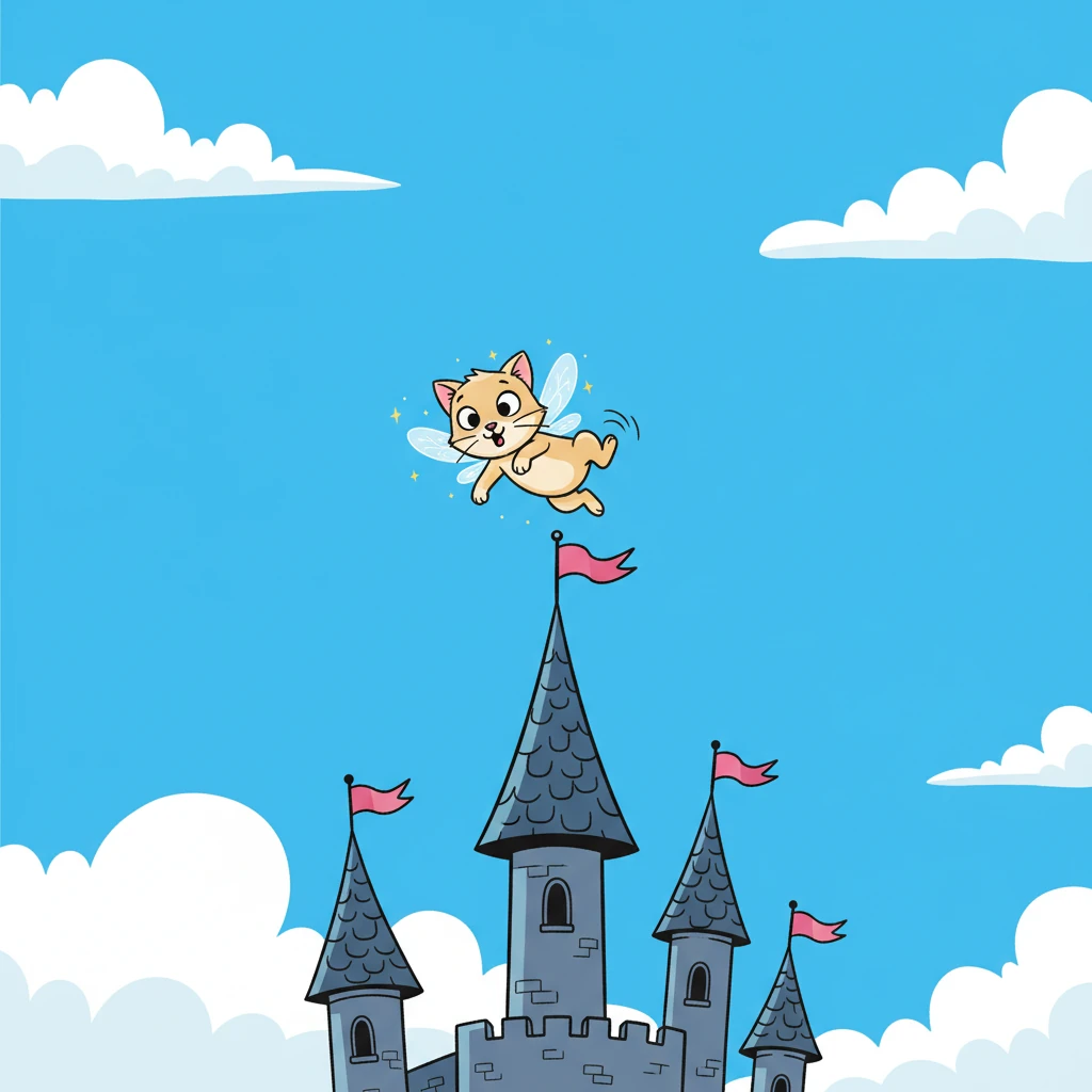 The adventurous flying kitten, full of youthful energy, zipped high into the sky, aiming for the very tip-top of the castle's tallest, spiky tower. But as it reached the peak, a tiny spark faded, and its magical flight began to waver, making it tumble gently downwards.