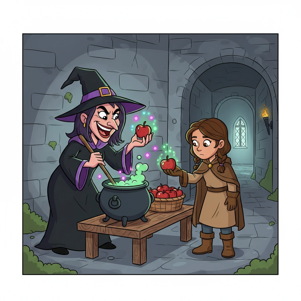 Inside the ancient castle walls, a mischievous witch with a pointy hat cackled as she stirred a bubbling cauldron, brewing a potent potion. With a wicked grin, she enchanted a shiny red apple, turning it into a tempting but poisoned treat. Soon after, a weary traveler happened upon the apple, picking it up curiously.