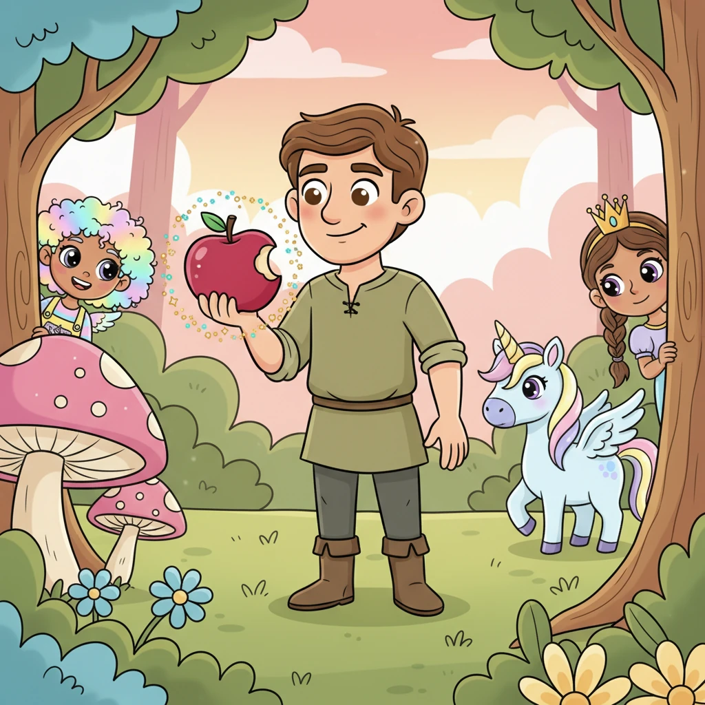 The traveler, a kind-faced man named Finn, held the beautiful, crimson apple in his hand, hesitating for a long moment. It looked so delicious, but something felt strangely off about it. After a deep breath and a shrug, he took a courageous bite, a tiny spark of magic swirling around him.