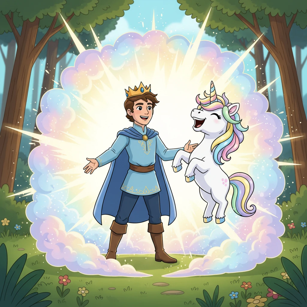 In a brilliant flash of light and a puff of shimmering smoke, Finn was no longer just a traveler, but transformed into a handsome prince! He stood tall and noble, his eyes sparkling with new-found magic and destiny. Starlight neighed happily, knowing a new adventure had just begun.
