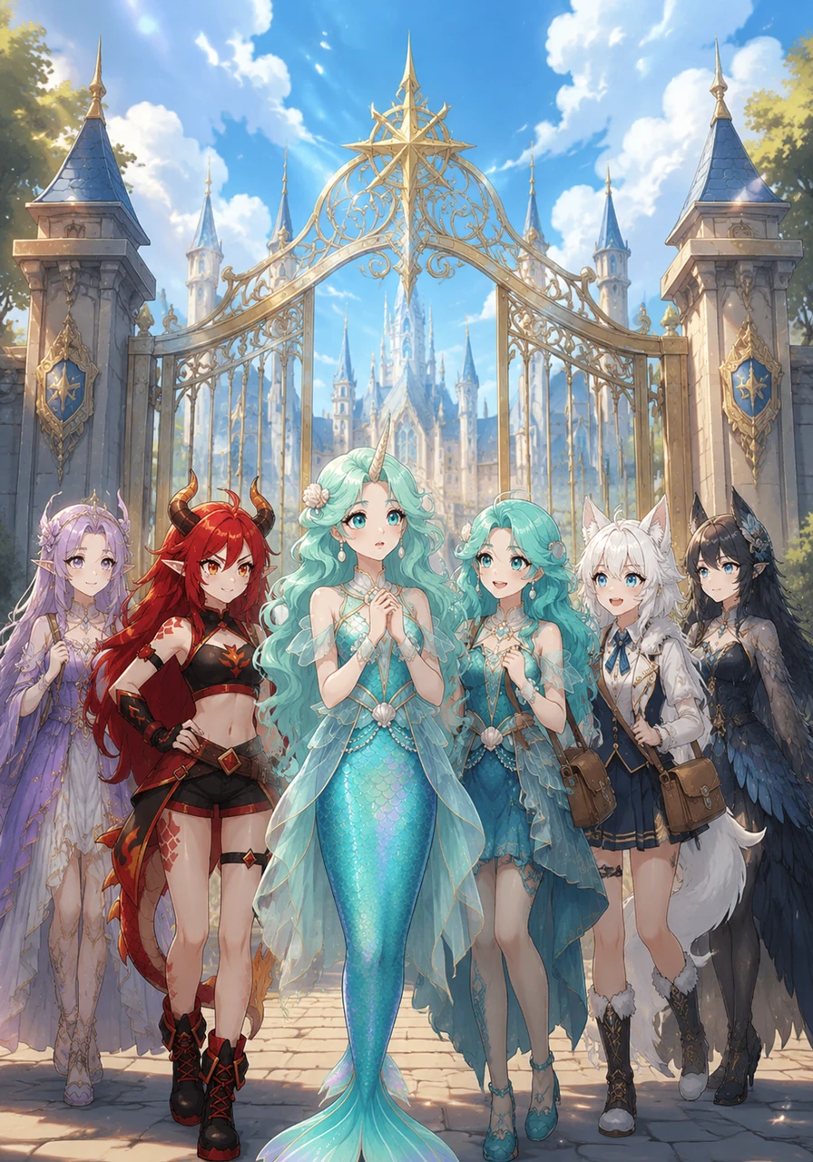Celeste stood before the shimmering gates of Lumina Academy, her unicorn horn glowing with a soft, nervous light. Beside her stood five unique girls, each a creature of legend, ready to begin their first day at the world's most prestigious school for magic.
