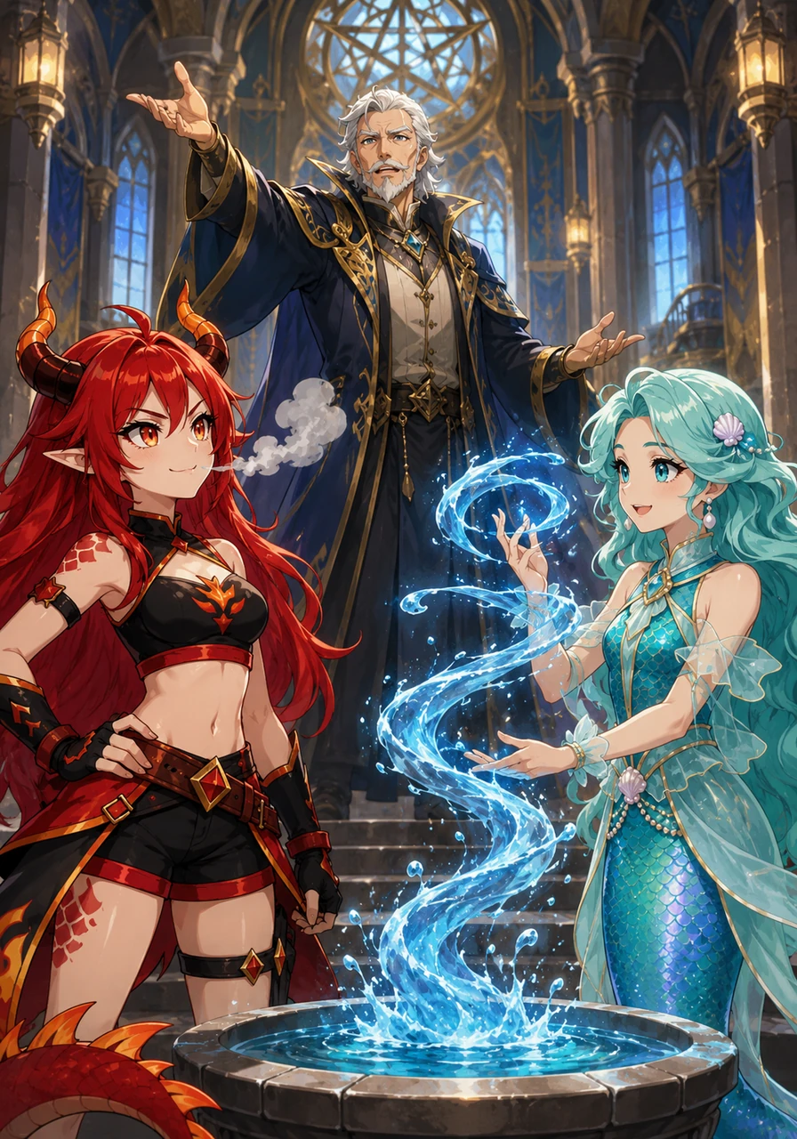In the Great Hall, Professor Orion announced the first challenge: the Trial of Elements. Ember the dragon girl exhaled a puff of smoke while Marina the mermaid swirled water from a nearby fountain, both eager to show off their natural mastery over fire and sea.