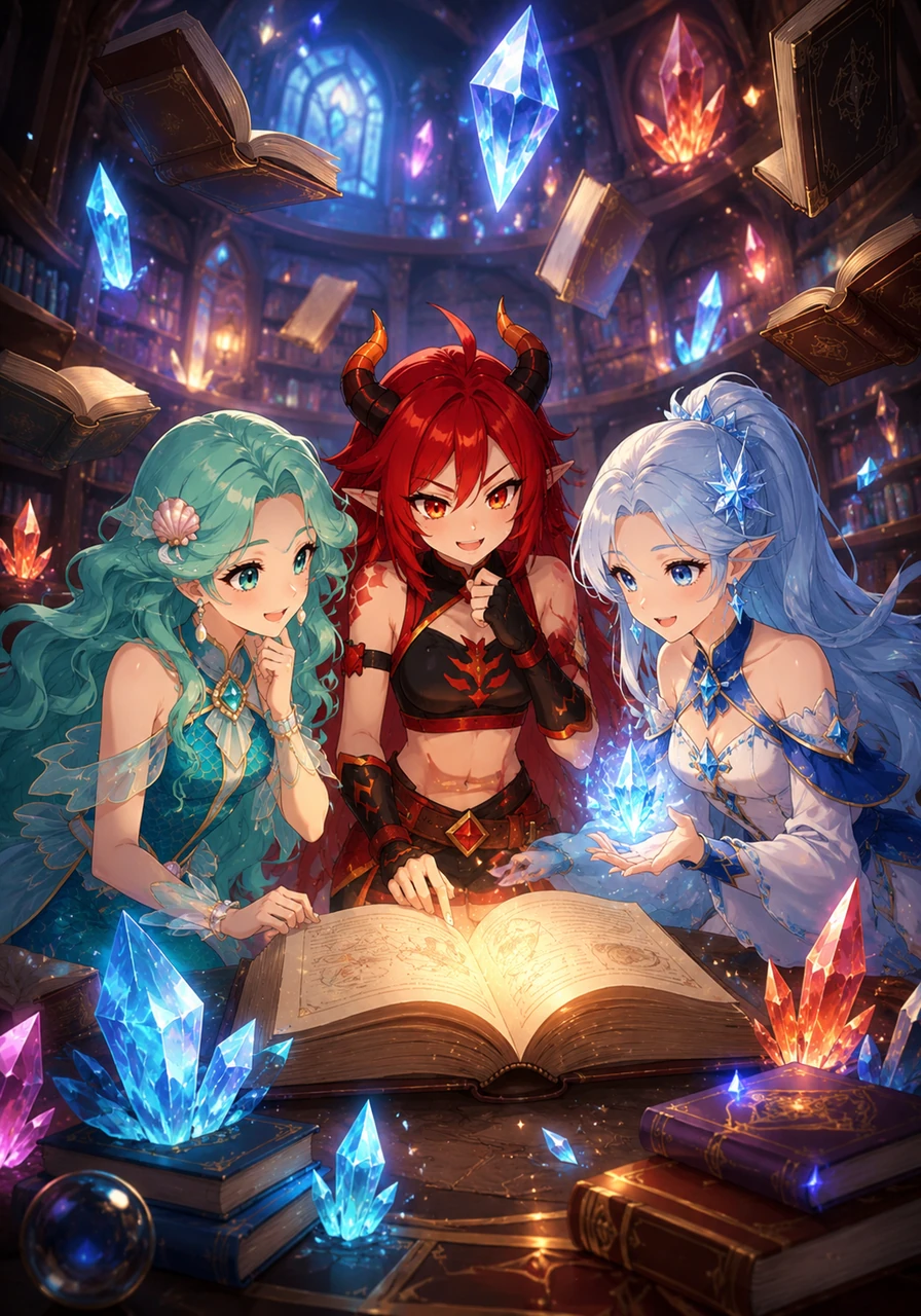 The girls huddled together in the ancient library, surrounded by floating books and glowing crystals. They shared their secrets and helped each other study, realizing that their diverse powers made them stronger as a team than they ever were alone.