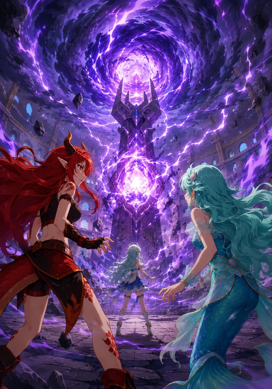 Suddenly, a wild magical storm erupted from the school's ancient core, shaking the very foundations of the arena. The teachers watched in alarm as the girls realized this wasn't a test, but a real-life emergency that required all their strength.