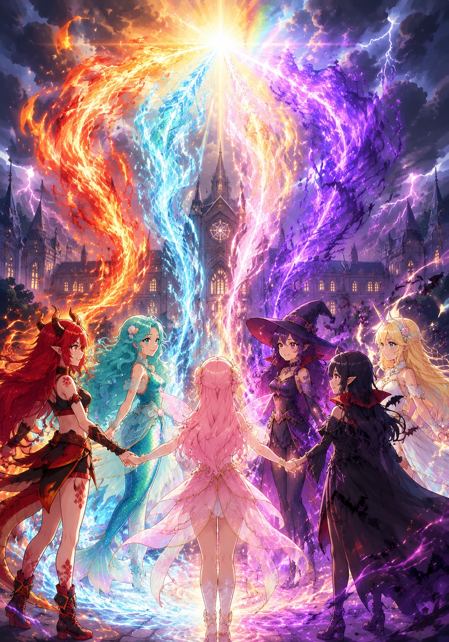 Holding hands in a circle, the six friends combined their powers: dragon fire, mermaid waves, fairy dust, witch spells, vampire shadows, and unicorn light. A magnificent rainbow of energy surged from them, calming the storm and saving Lumina Academy.