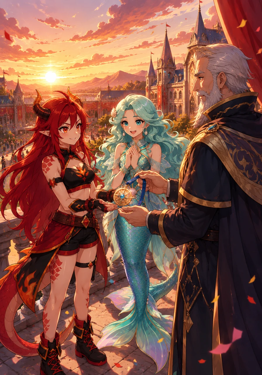 The Headmaster presented the girls with the Medal of Unity during a grand sunset celebration. As they looked out over the school grounds, they knew their adventures were just beginning, bound forever by magic and heart.
