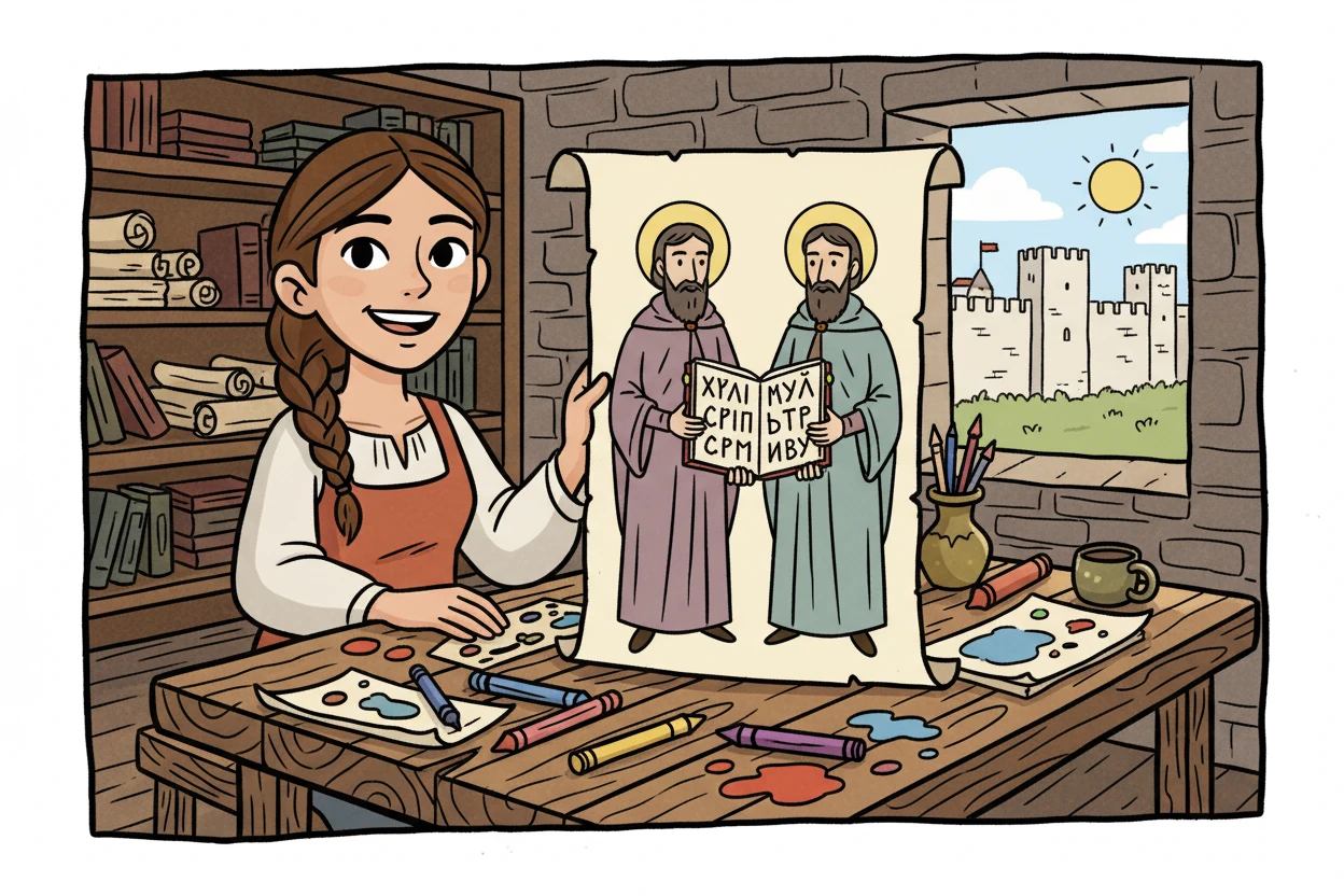 Накрая Бояна завършила проекта си с гордост. Тя научила много за Първото българско царство. На последната страница, тя нарисувала братята Кирил и Методий, а под тях написала „Край“.