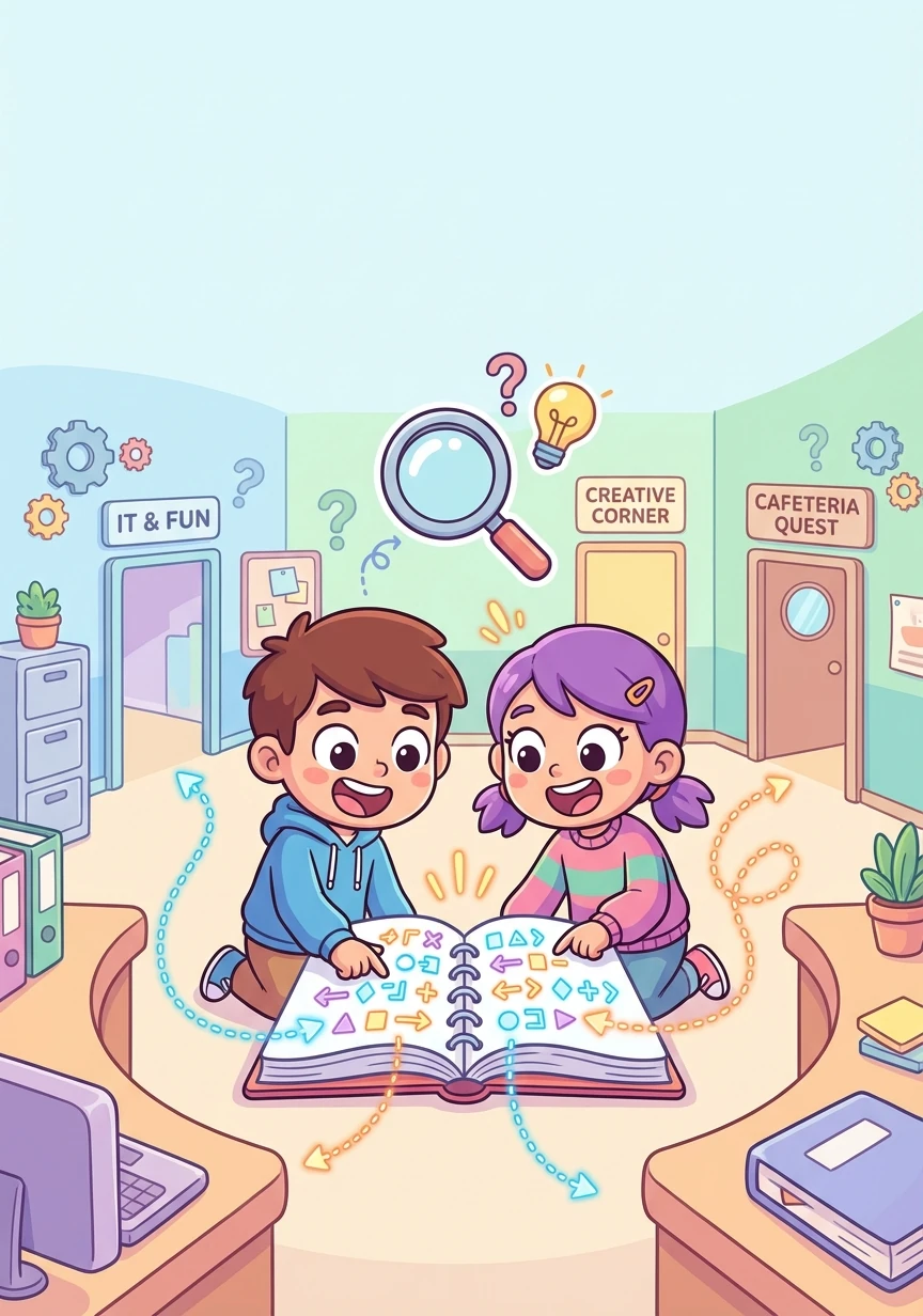 Juntos, Sofia y Mateo descifran el código, revelando una serie de pistas que los llevan a diferentes departamentos de la empresa.