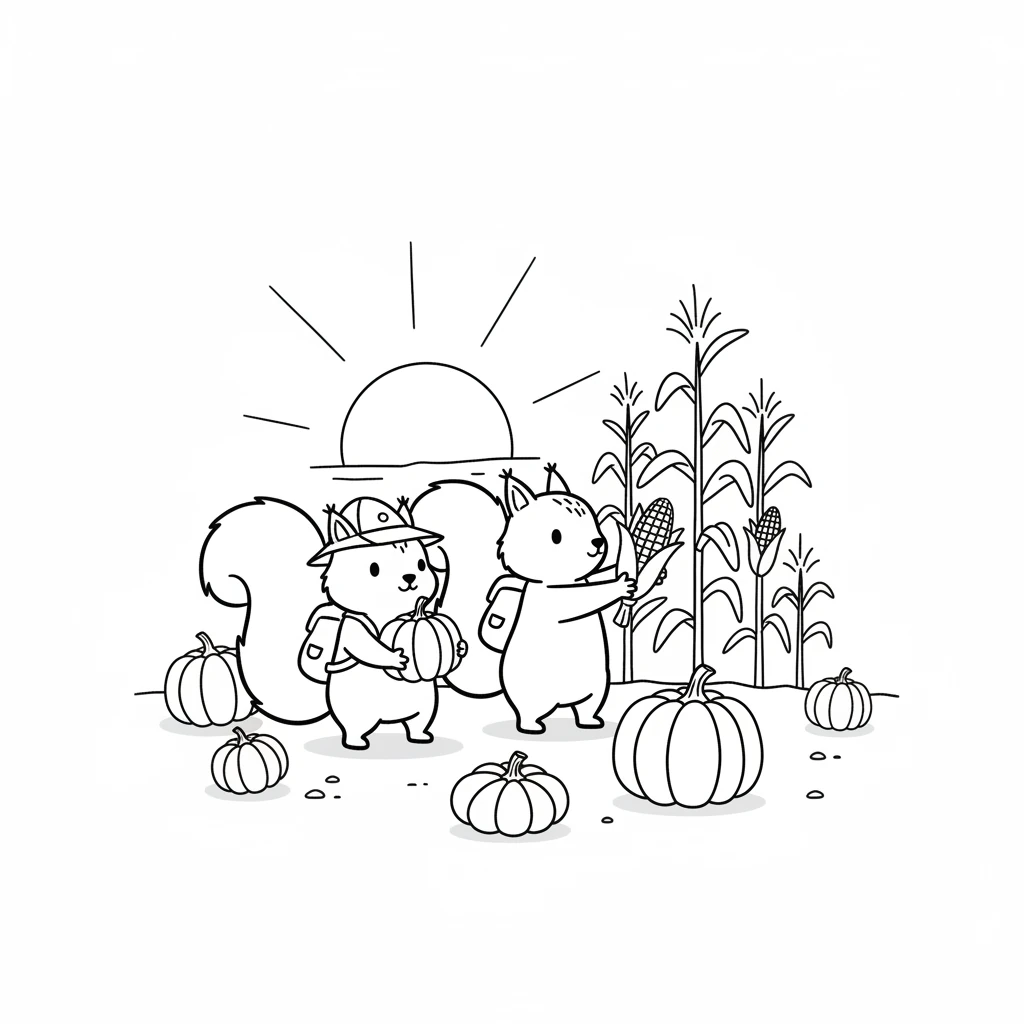 First, Pip helped his mom gather delicious food from the garden. They found big, round pumpkins and bright yellow corn.