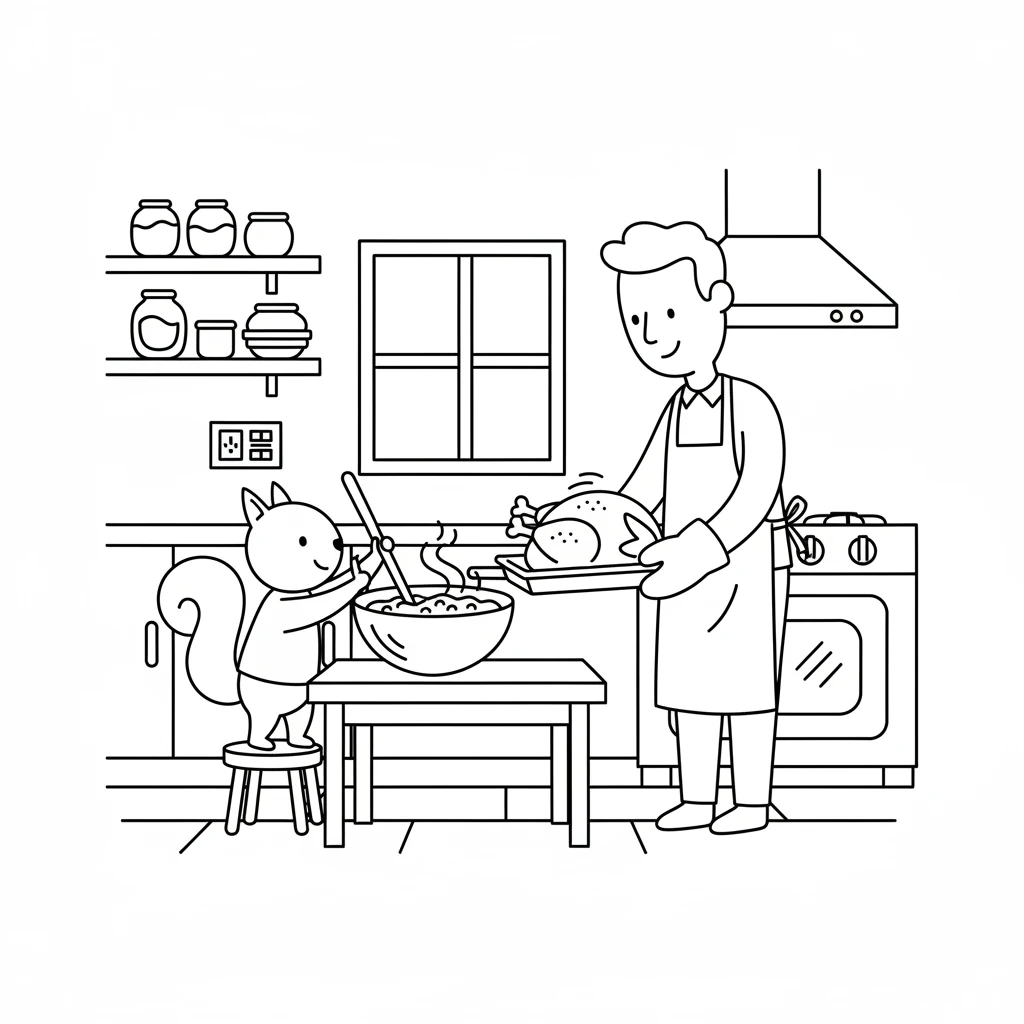 Back home, Pip helped stir a big bowl of cranberry sauce. His dad carefully roasted a delicious golden turkey.