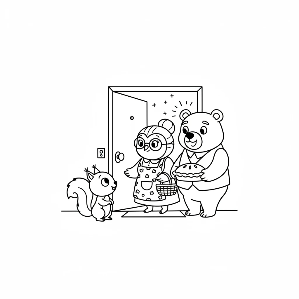 Soon, the doorbell rang! Grandma Owl and Grandpa Bear arrived with big smiles. More friends were on their way.