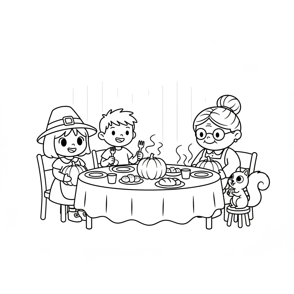 Everyone sat around the big, happy table. The delicious smells filled the air. Pip felt so warm inside.