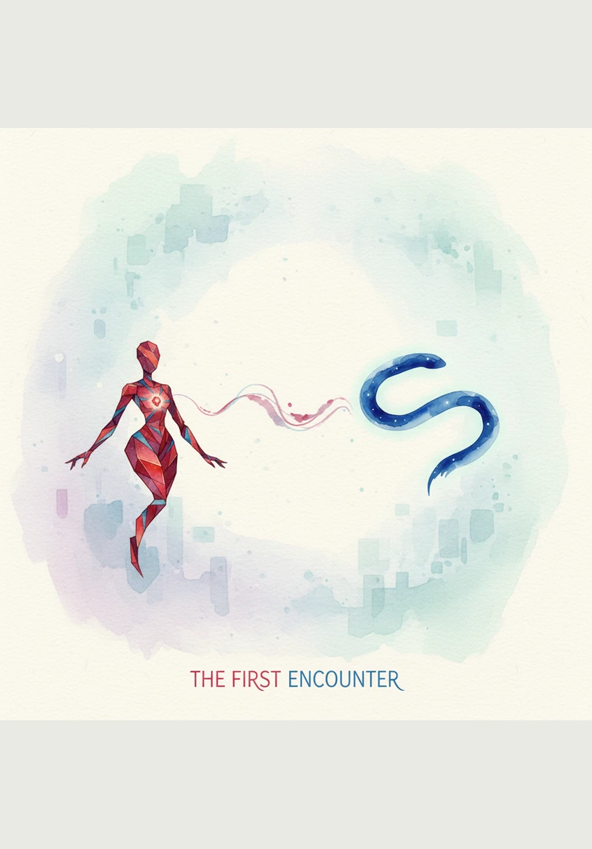 Ruby and Azure catch sight of one another across the empty expanse. Their ends curl with curiosity as they recognize a fellow traveler in this minimalist universe.