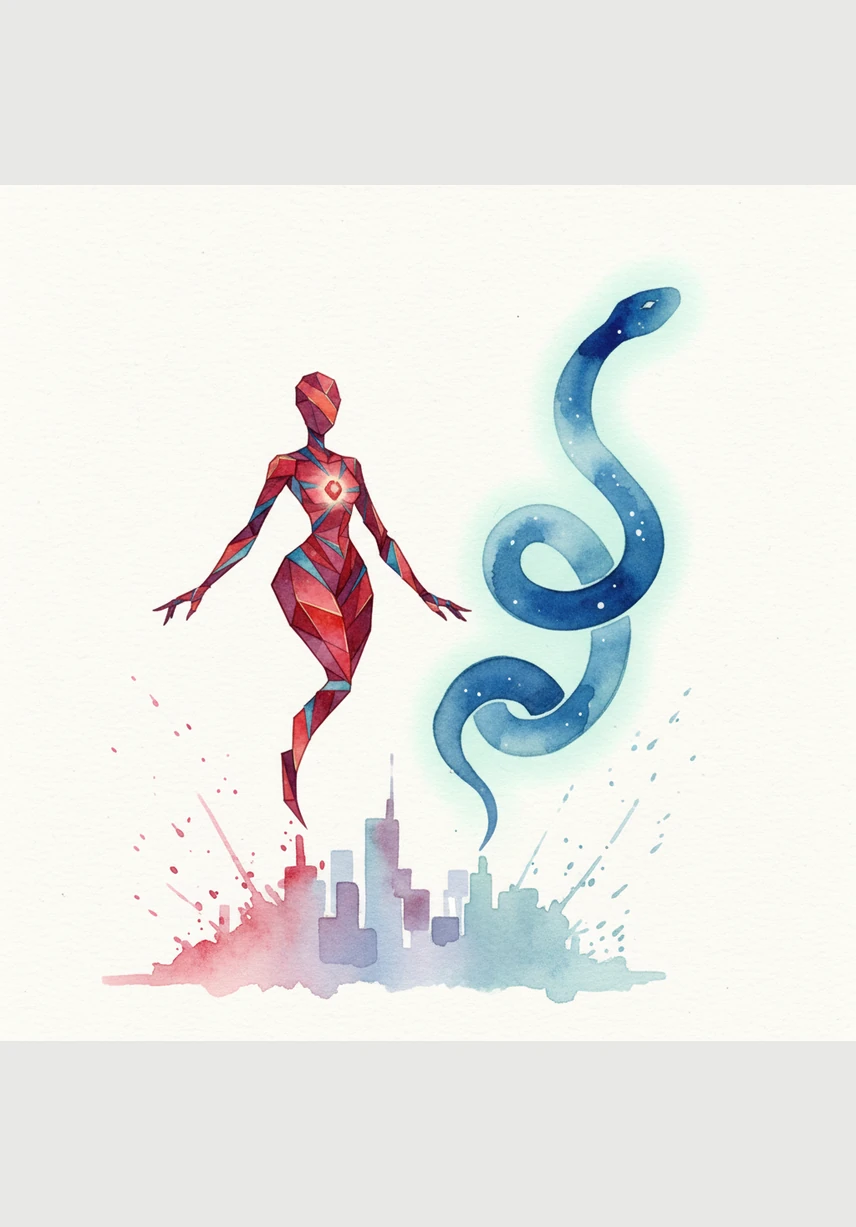 Simultaneously, they launch themselves high into the air, carving beautiful arches against the white background. Ruby glows like a streak of fire, while Azure follows like a bolt of lightning.