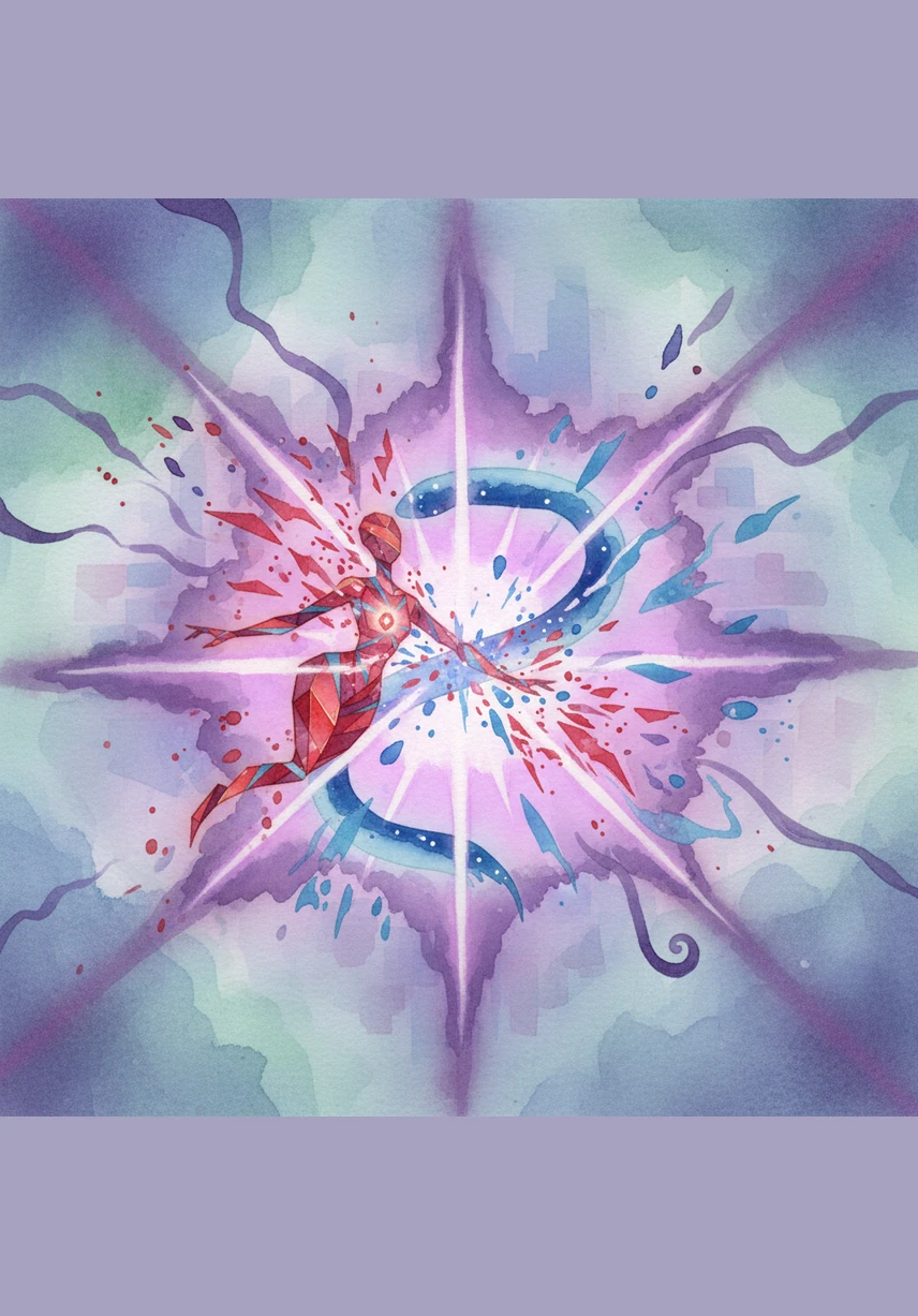 They hit each other head-on with a spectacular, silent boom. A brilliant flash of purple light erupts at the point of contact where red and blue momentarily fuse.