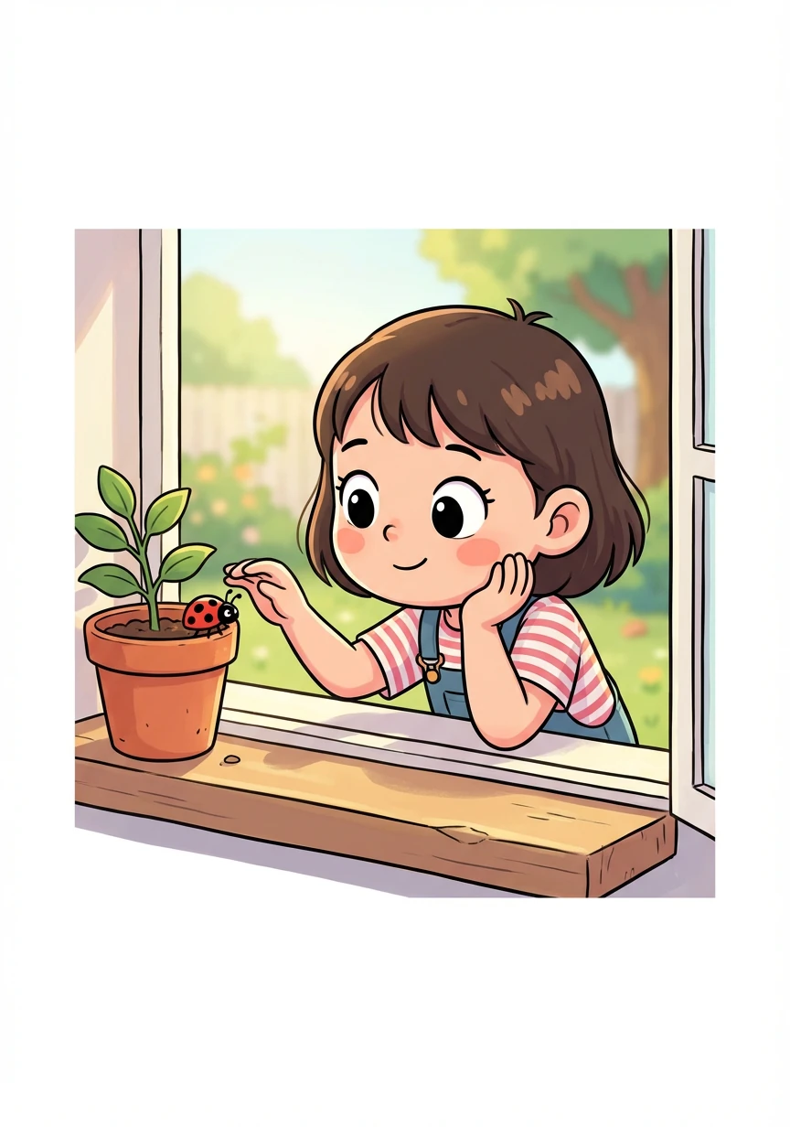 金佳勤发现了一只小瓢虫在窗台上爬呀爬。她轻轻地伸出手,想和它做朋友。
