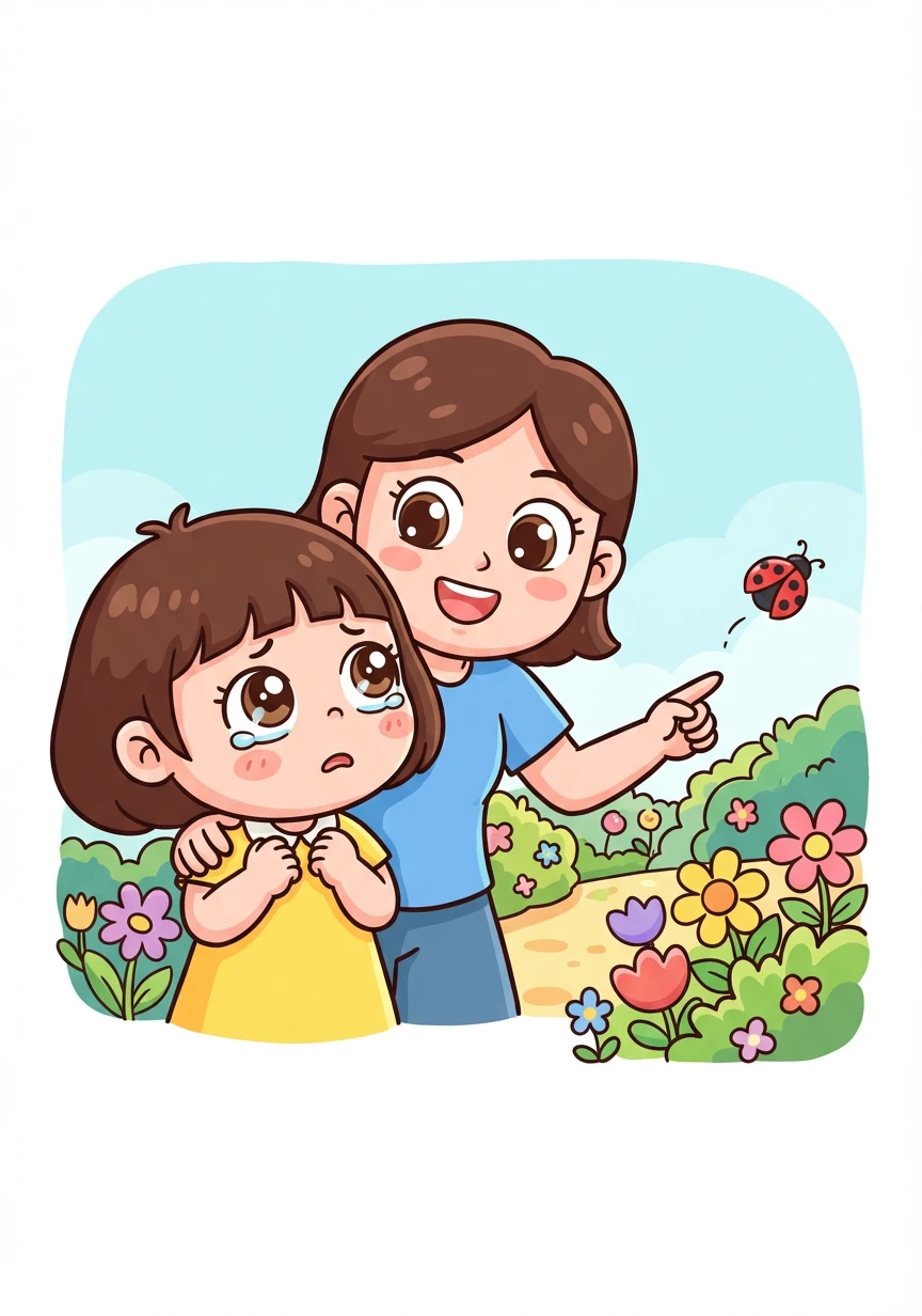 小瓢虫飞走了,金佳勤有点失落。妈妈抱起她,说:“没关系,我们去花园里找更多的小伙伴!”