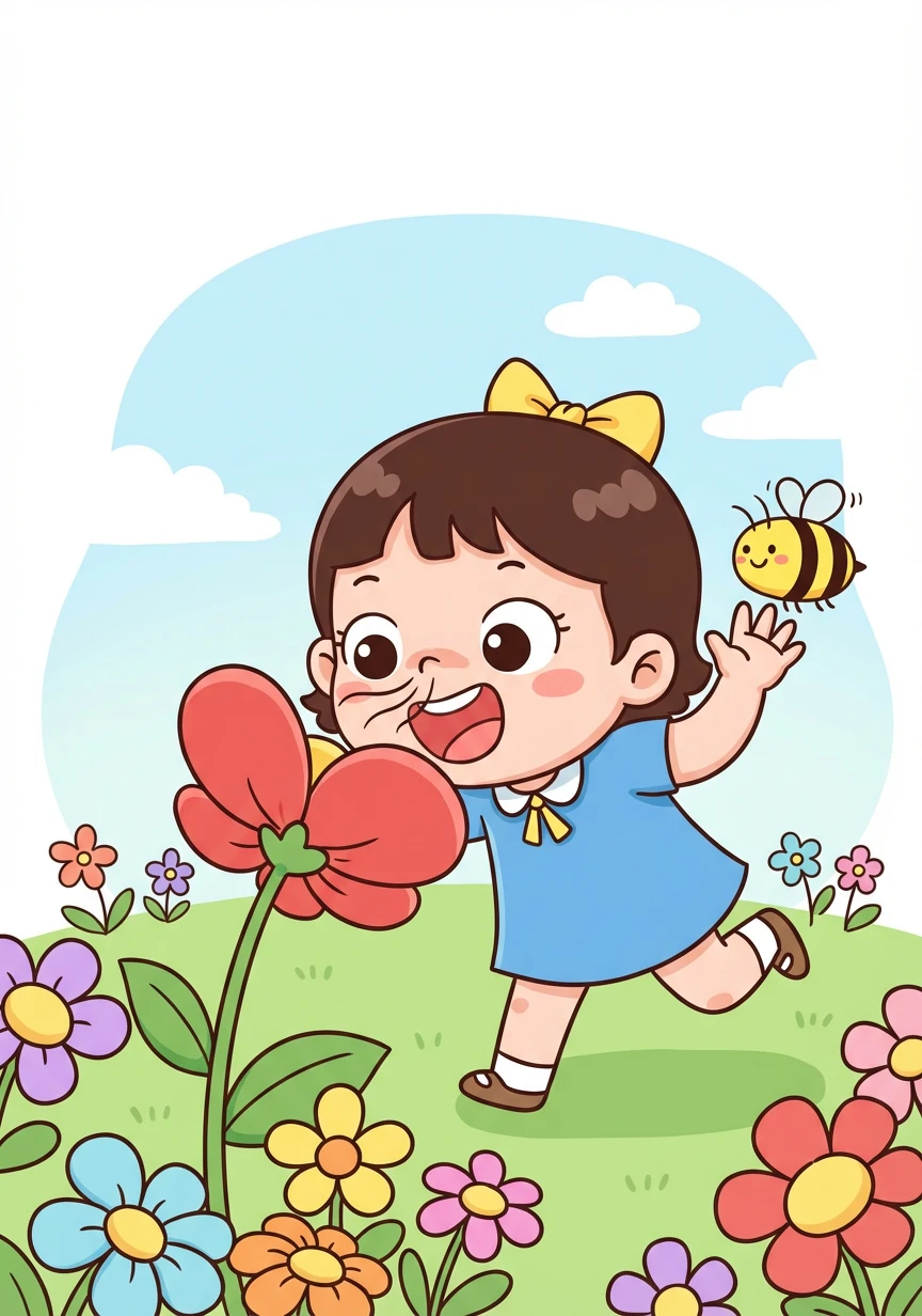 花园里,金佳勤看到了五颜六色的花朵。她开心地跑过去,闻了闻花香,还和小蜜蜂打了个招呼。