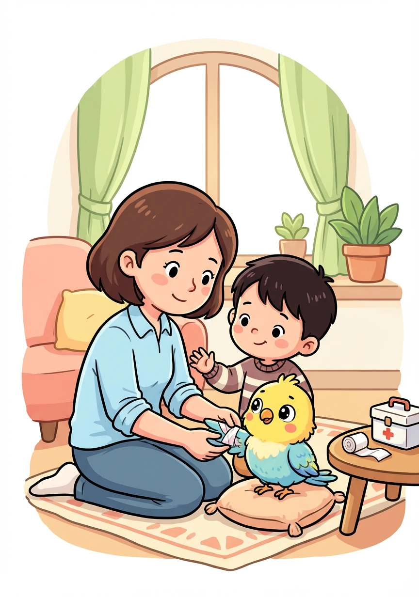 妈妈帮小鸟包扎了伤口。金佳勤温柔地对小鸟说:“别怕,你会好起来的。”