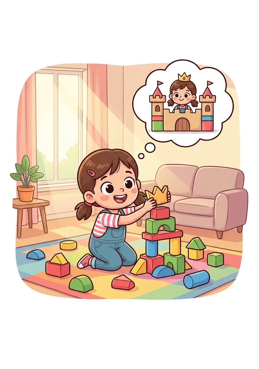 下午,金佳勤在客厅里玩积木。她用积木搭了一座高高的城堡,想象自己是城堡里的公主。