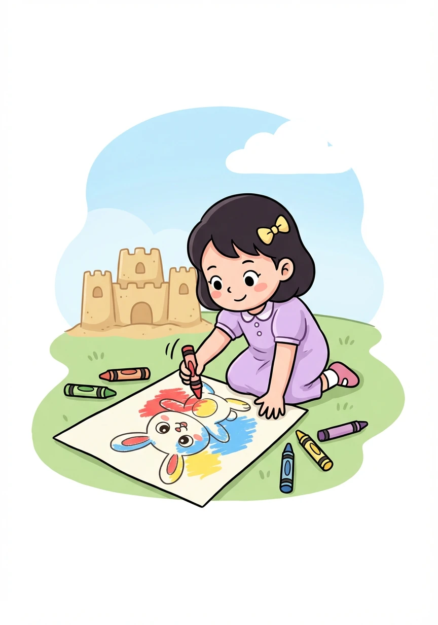 城堡搭好了,金佳勤又开始画画。她画了一只可爱的小兔子,还给它涂上了鲜艳的颜色。