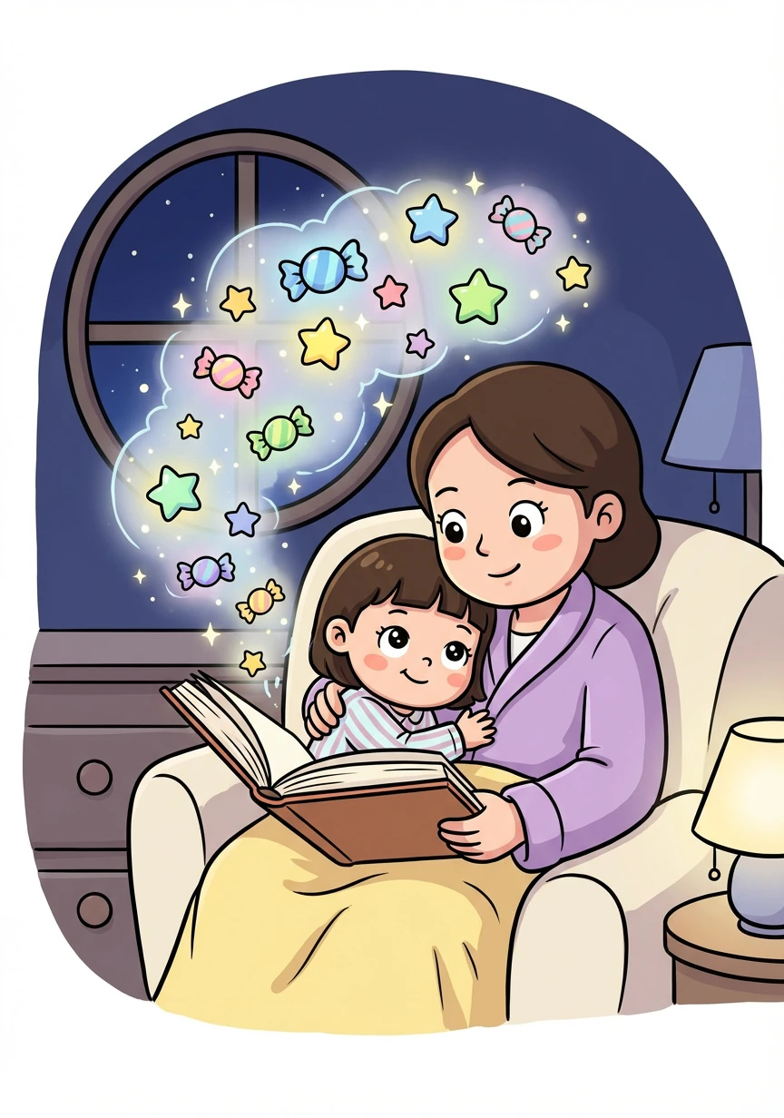 晚上,金佳勤依偎在妈妈的怀里,听妈妈讲故事。故事里的星星闪闪发光,像一颗颗糖果。