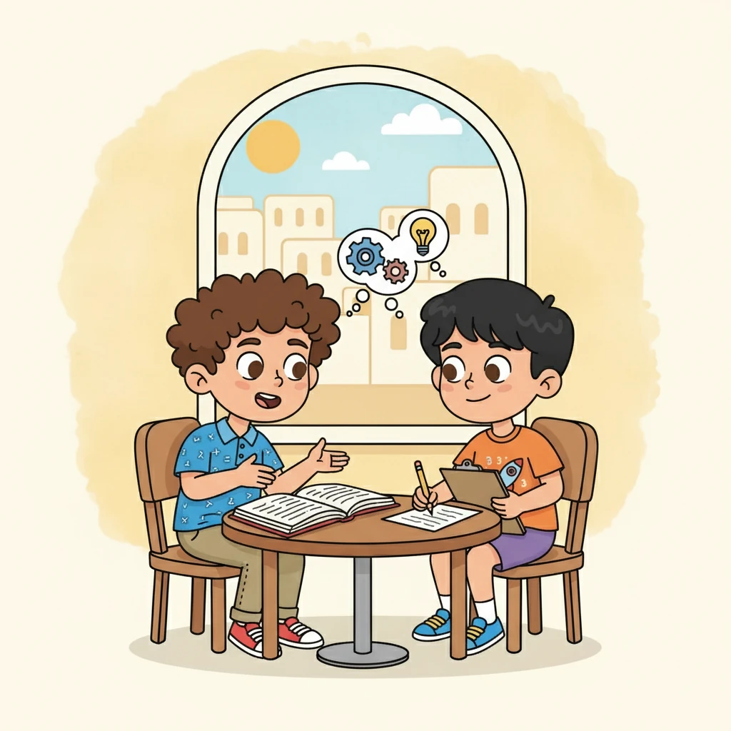 بدأ خالد بقراءة المسألة بعناية، بينما قام يحيى بتدوين المعطيات الهامة على ورقة. تبادل الصديقان النظرات، وبدأت أفكارهم تتشابك في محاولة لفهم المسألة.