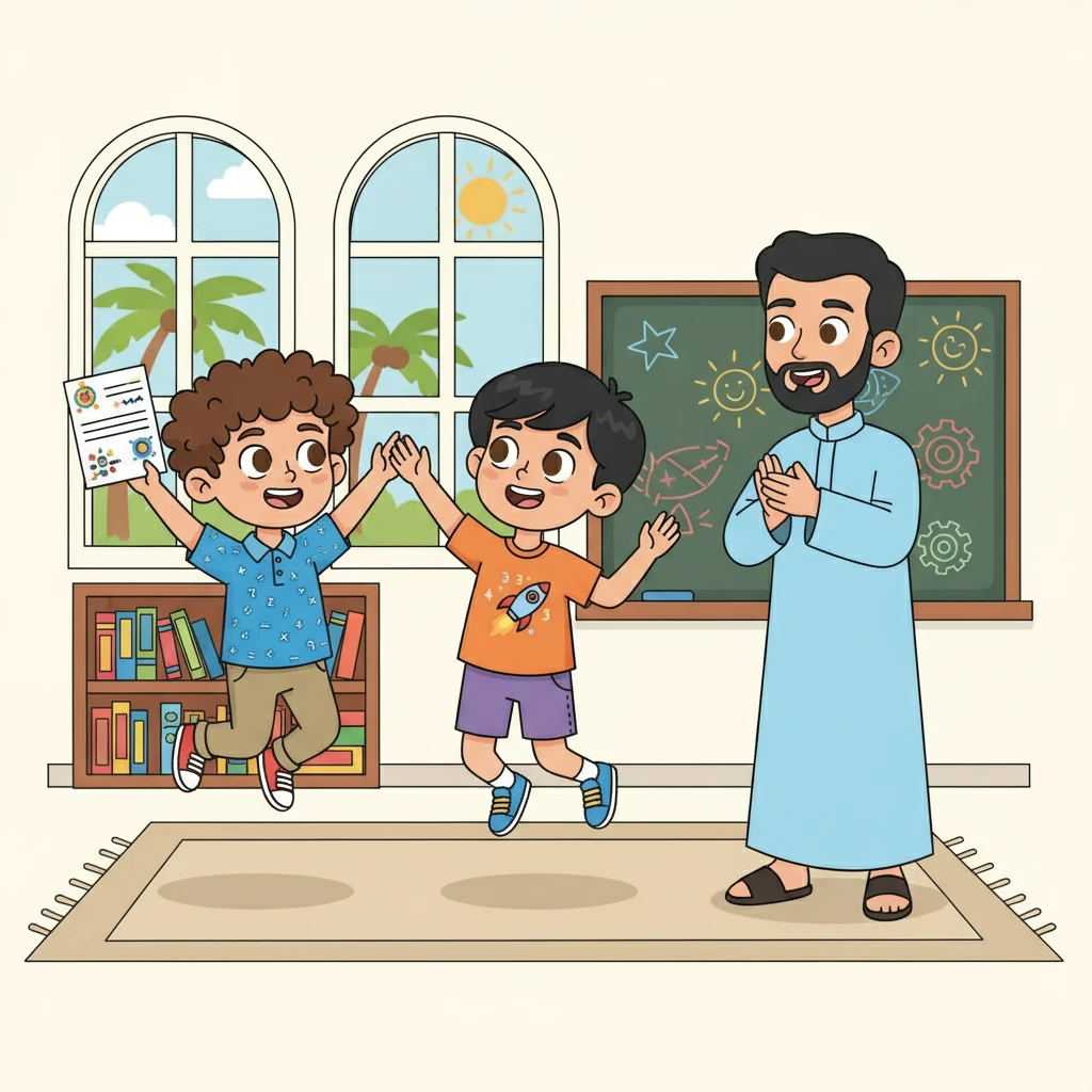 شكر المعلم خالد ويحيى على مثابرتهما وتعاونها. وأشاد بجهودهما في السعي نحو التميز. شعر الصديقان بالفخر والرضا.