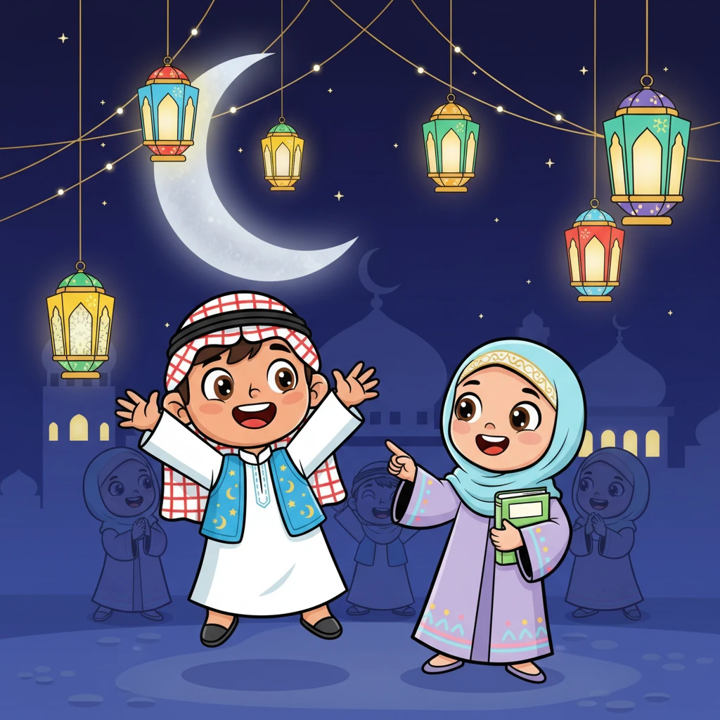 الهلال الفضي يضيء سماء رمضان، وفوانيس ملونة تتلألأ في كل مكان، تتدلى بخيوط ذهبية. يبدأ المشهد بموسيقى حماسية وبهيجة تملأ الأجواء، مع عرض سريع لطلاب مبتهجين يستعدون لحدث كبير. الأجواء احتفالية ومفعمة بالترقب، مع لمعان النجوم في سماء زرقاء داكنة.