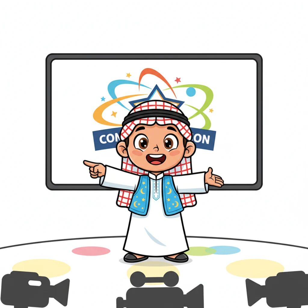 يقف أحمد، طالب بابتسامة واسعة ونظرة واثقة، أمام كاميرا وهمية بأسلوب مذيع تلفزيوني. يشير بيده بحماس إلى شاشة عرض كبيرة خلفه تظهر شعار المسابقة بألوان زاهية وخطوط جريئة. يرحب بالجميع بصوت مليء بالطاقة والحماس، ويزين وجهه تعابير مفعمة بالمرح.