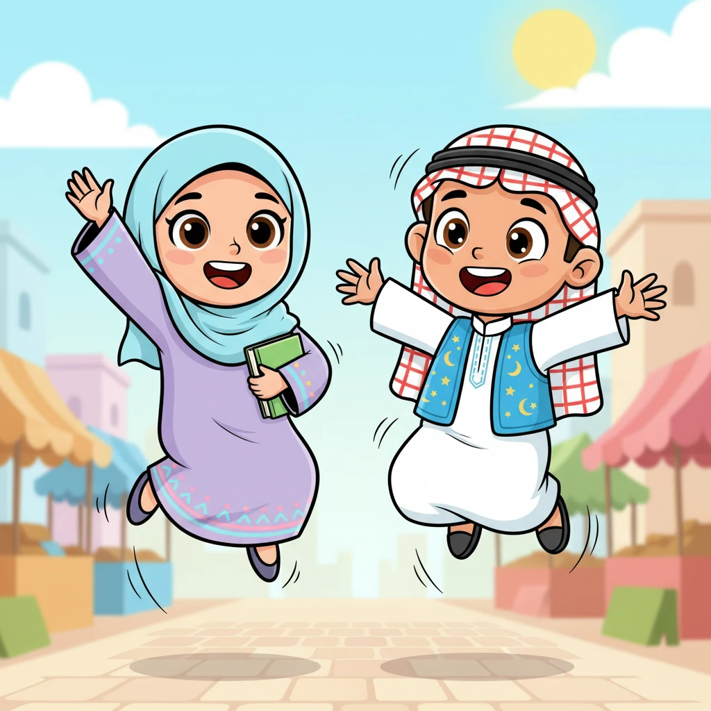 تقفز ليلى إلى جانب أحمد بحماس شديد، ترفع يدها وكأنها أجابت على سؤال صعب للتو. عيناها تلمعان بالفضول والمنافسة، وهي تتبادل الضحكات مع أحمد، مما يظهر روح الفريق والمرح بينهما. يكملان الحوار معًا، وكل منهما يتطلع بحماس للمغامرة القادمة.