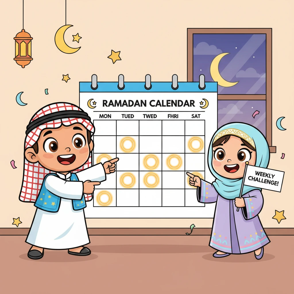 تظهر رسوم متحركة توضح تقويمًا شهريًا لشهر رمضان، مع دوائر تضيء على أيام محددة بشكل متتابع. يشير أحمد وليلى إلى هذه الأيام بحماس، مؤكدين أن المسابقة ستقام كل أسبوع طوال الشهر الفضيل. يصفان كيف يترقبون كل تحدٍ جديد بابتسامة عريضة.