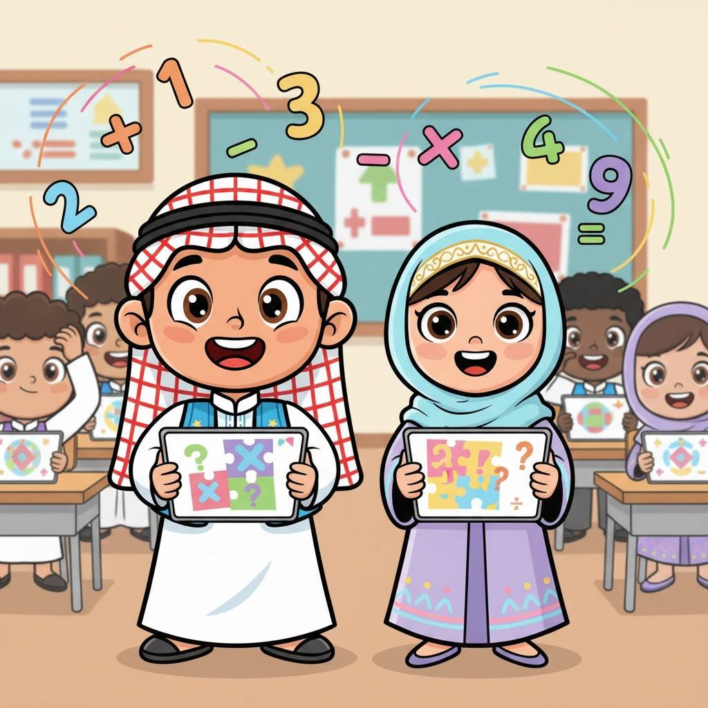 تتطاير أرقام ورموز رياضية ملونة ومتحركة حول أحمد وليلى، بينما يمسكان بألواح ذكية تعرض أسئلة مبتكرة ومضحكة. يظهر الطلاب الآخرون في الخلفية وهم يفكرون بجدية وفرح، يحاولون حل الألغاز المعقدة. تتراقص الأرقام حولهم كأنها جزء من لعبة مسلية.