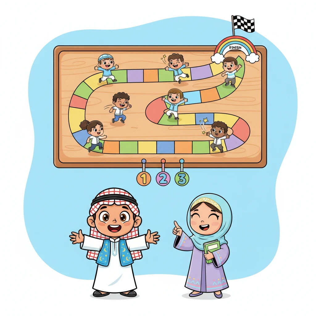 تظهر لوحة نقاط كرتونية عملاقة، عليها شخصيات صغيرة ومبهجة تتسابق نحو خط النهاية. كلما أجاب طالب بشكل صحيح، تقفز شخصيته خطوة للأمام بحركة سريعة ومبهجة. يوضح أحمد وليلى كيف يمكن للجميع جمع النقاط والتنافس بشرف في هذه المسابقة الممتعة.