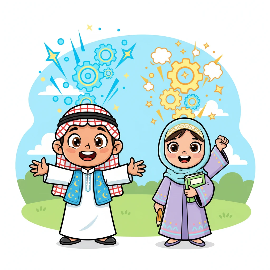 ينظر أحمد وليلى مباشرة إلى الكاميرا، بعيون مليئة بالتحدي والحماس، وابتسامة عريضة تملأ وجهيهما. يقول أحمد بصوت جهوري: "هل أنت مستعد للتحدي؟" ثم تصرخ ليلى بحماس أكبر: "أطلق قوة عقلك!" تظهر مؤثرات بصرية ترمز للقوة الذهنية المتفجرة من رؤوسهما.