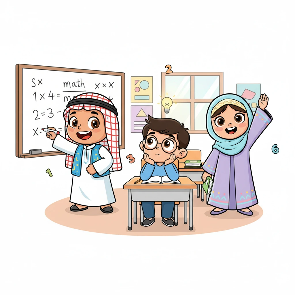 مشهد سريع لعدة طلاب من مختلف الأعمار وهم يحلون مسائل رياضية بحماس وتفكير عميق. أحدهم يكتب بسرعة على لوح أبيض بابتسامة، وآخر يفكر بعمق ويداه على ذقنه، وآخر يرفع يده بثقة بعد إيجاد الحل. الابتسامات مرسومة على وجوههم، مما يعكس متعة التعلم والمنافسة.