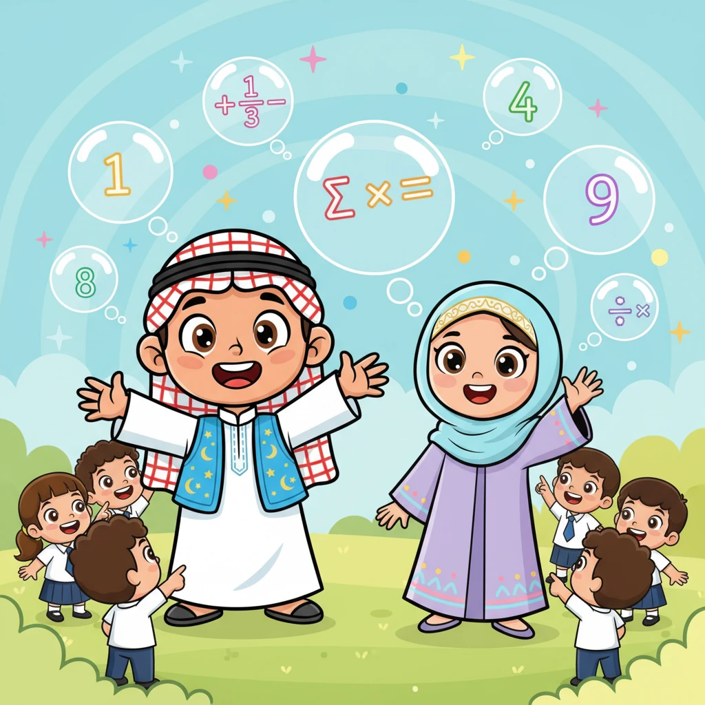 يعود أحمد وليلى للظهور، محاطين بفقاعات كلام مليئة بالمعادلات والأرقام المتوهجة. يدعوان الجميع للانضمام، مؤكدين أن المسابقة فرصة رائعة للتعلم والمرح واكتشاف المواهب الخفية. يلوحان للطلاب بحماس، ويشجعانهم على خوض هذه التجربة الفريدة.