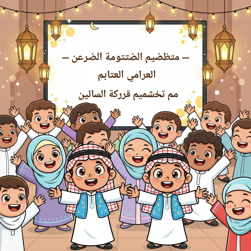 تتجمع كل الشخصيات في النهاية، ترفع أيديها بحماس وتصفيق حار، محاطة ببريق الفوانيس والأضواء. تظهر شاشة كبيرة عليها الشعار النهائي بخط كبير وجذاب: "مسابقة الرياضيات الرمضانية — مدرسة قميراء". تتبعها عبارة "مع تحيات أسرة الرياضيات"، مع خلفية احتفالية.