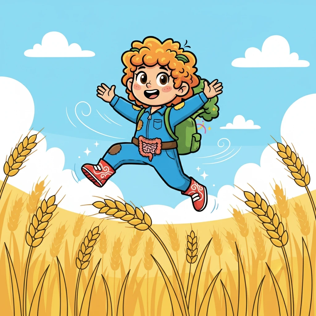 Fifi Fiber, a tiny, happy piece of psyllium husk, began her adventure in a sunny field where golden wheat grew. She dreamed of a grand journey, unaware of the exciting path that lay ahead. The wind whispered tales of the body she was destined to explore.
