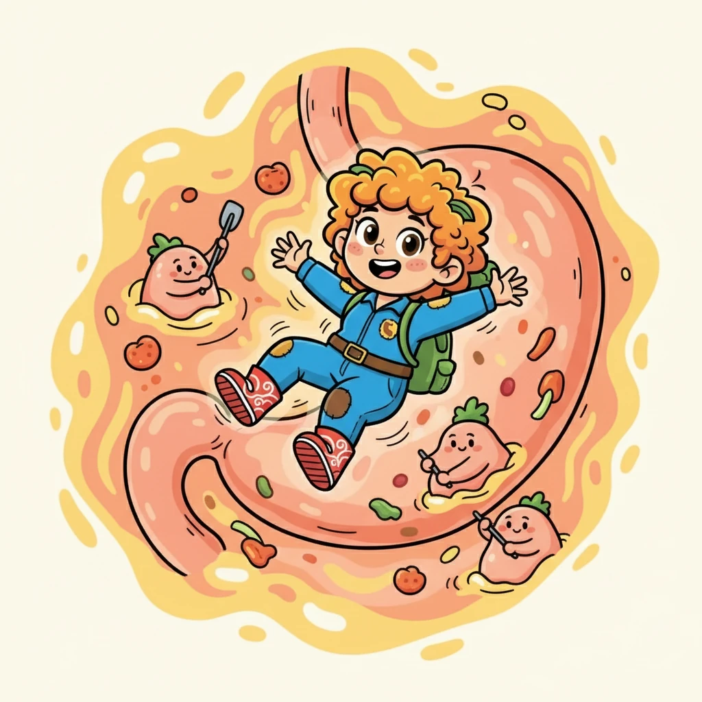 Down the hatch she went! Fifi tumbled into a cozy, warm stomach, where she met a team of busy workers. She watched as they mixed and churned, preparing the food for its next destination. Fifi began to absorb water and swell, becoming larger.