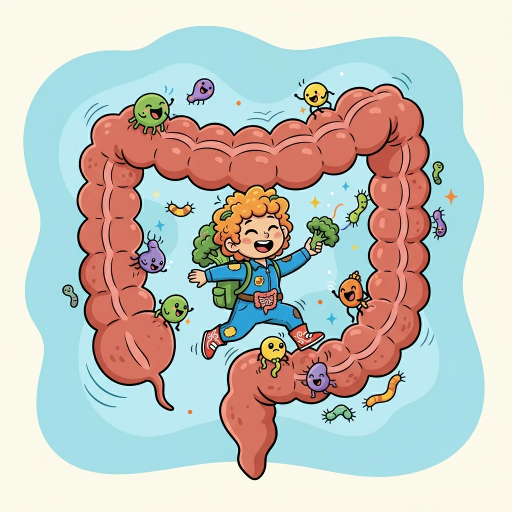 Soon, Fifi arrived at the large intestine, a bustling place filled with friendly bacteria. These tiny creatures started to munch on some of her, causing some fermentation. It was a funny sensation, like a little party inside!