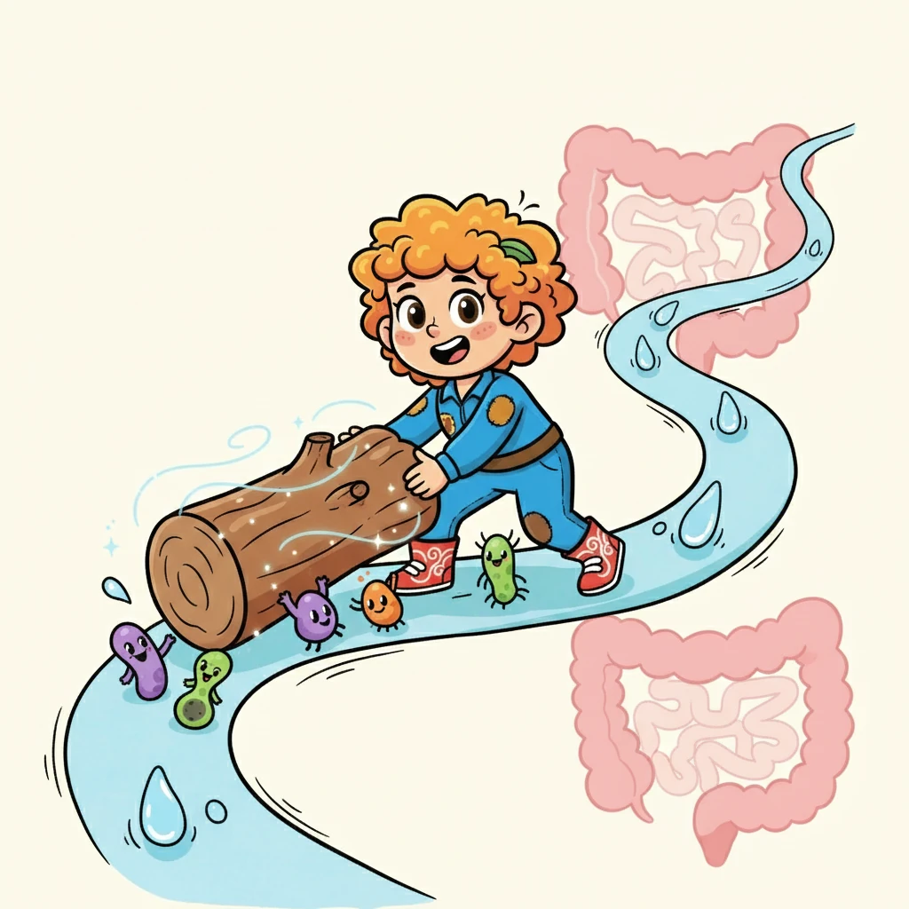 Fifi, now slightly changed by her bacterial friends, continued her journey, pushing everything along. She was the hero of the day, helping to keep everything moving smoothly and efficiently. She helped to absorb some water.