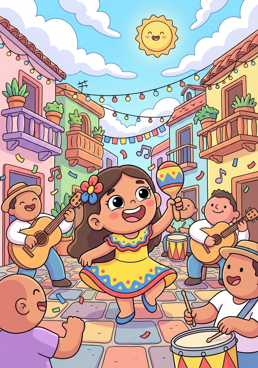 Paloma vivía en un mundo lleno de fiestas, colores brillantes y música alegre, una versión surrealista de Colombia. Siempre estaba rodeada de risas y amor.